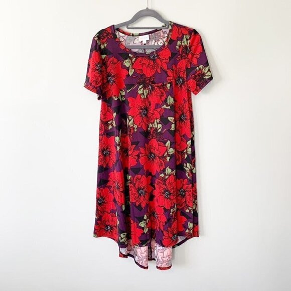 Lularoe Carly short sleeve bold red floral knee length lightweight dress - Picture 1 of 7